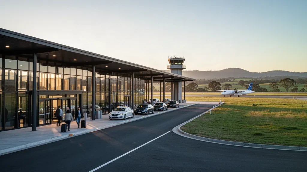 Modern glass terminal and drop-off forecourt at Tamworth Regional Airport in warm golden-hour light