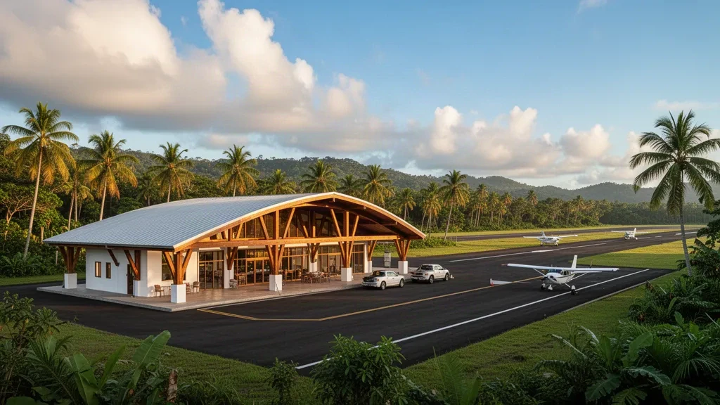 Terminal dell'aeroporto tropicale di Tambor in Costa Rica con piazzale fiancheggiato da palme e un piccolo aereo regionale nella luce dorata del pomeriggio