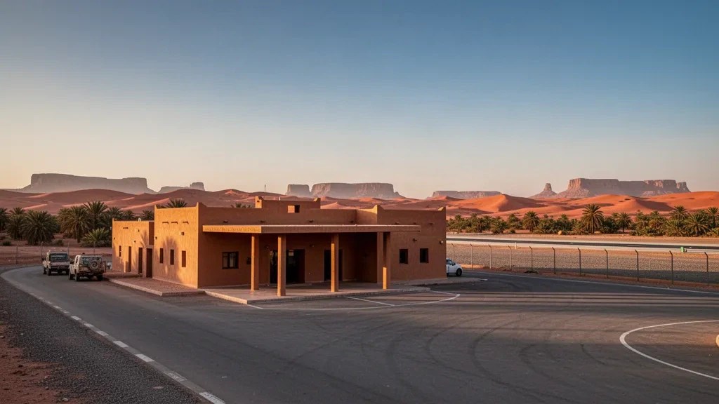 Veduta all'ora d'oro del basso terminal ocra dell'Aeroporto di Timimoun con palmeti e dune del Sahara sullo sfondo