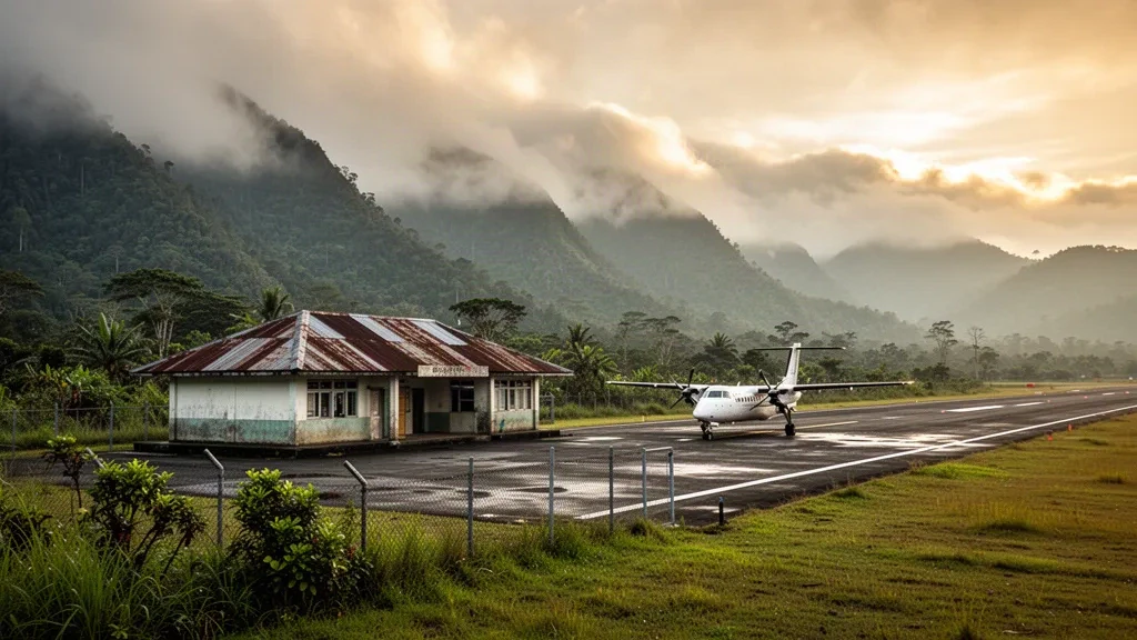 Small propeller aircraft on the apron beside the modest terminal of Tiom Airport amid misty green highland mountains in Papua