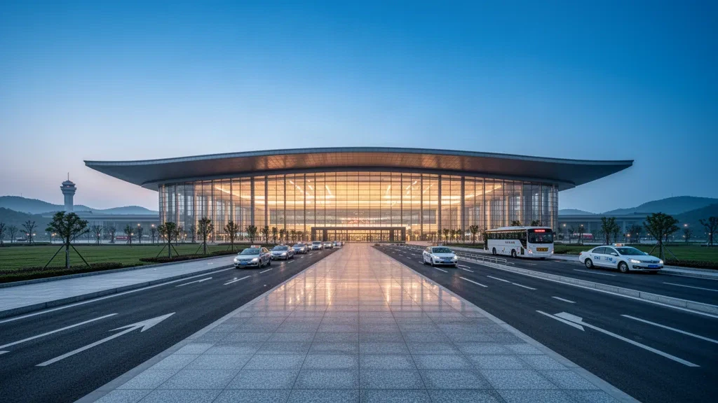 Jinan Yaoqiang Uluslararası Havalimanı'nda mavi saatte çekilmiş modern cam terminal ve yol kenarı indirme şeritleri