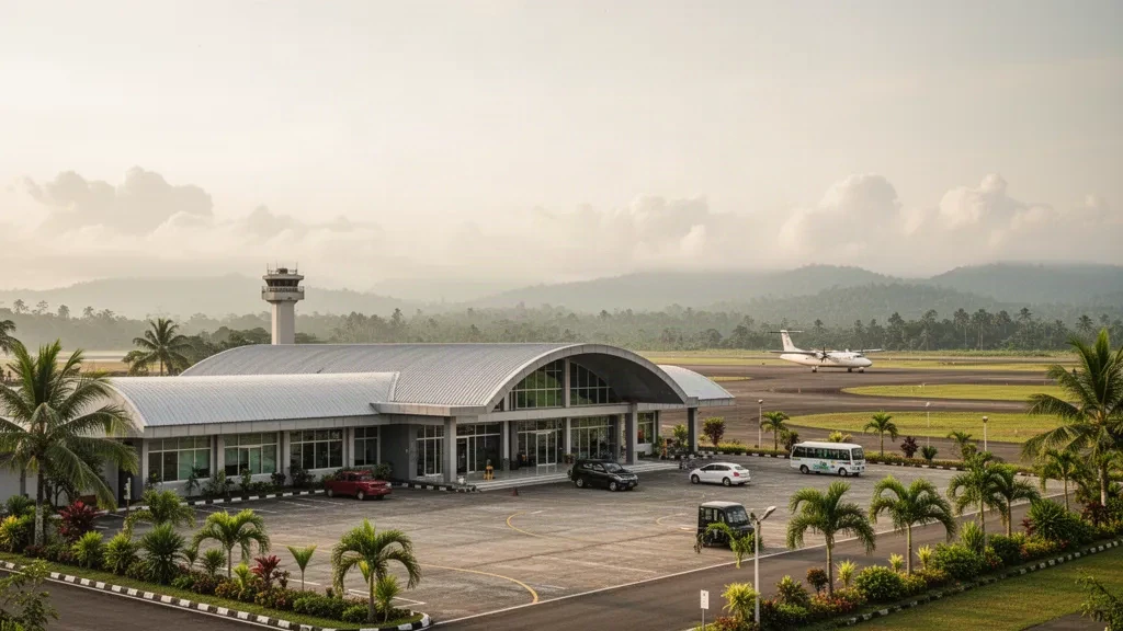 Flaches tropisches Terminal und Vorfahrt für den Absetzverkehr am Flughafen Tanah Grogot in Ostkalimantan, Indonesien, bei sanftem Morgenlicht