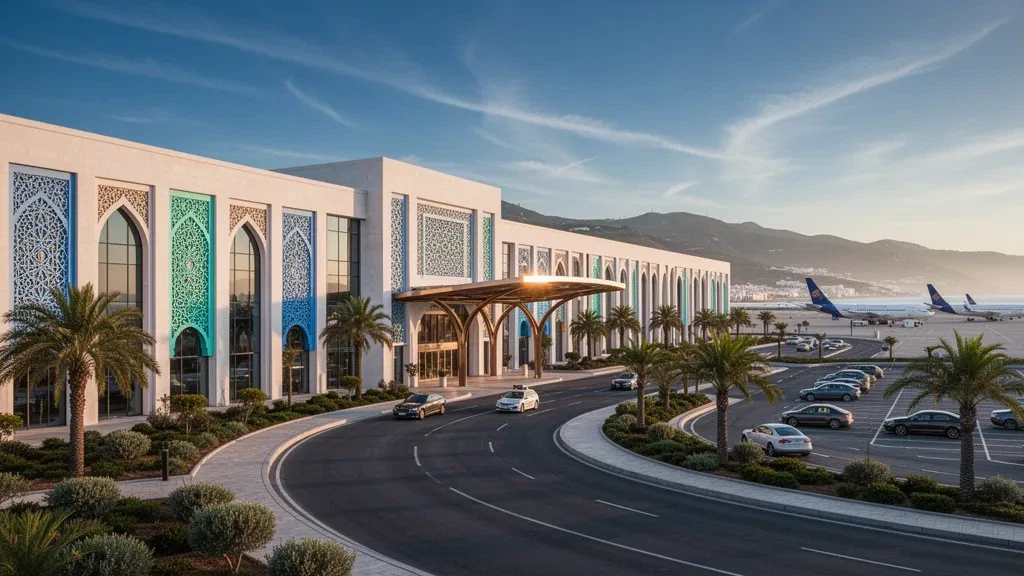Moderne weiße Terminalfassade des Flughafens Tangier Ibn Battuta zur goldenen Stunde mit palmengesäumten Vorfahrtsspuren und Glasfassade