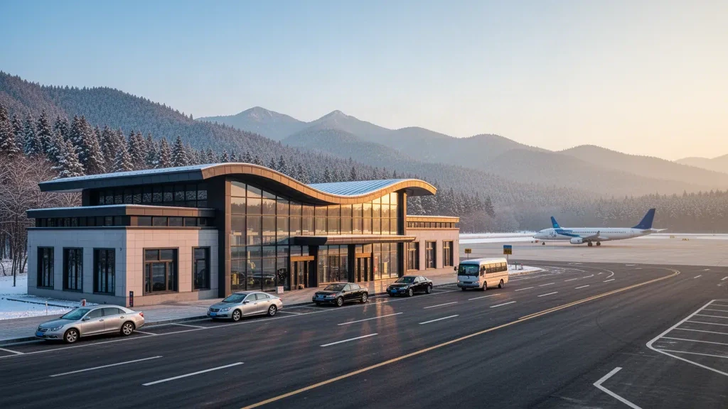 Jilin'deki Tonghua Sanyuanpu Havalimanı'nda karla kaplı ormanlı tepelerle çevrili modern cam terminal ve indirme şeridi