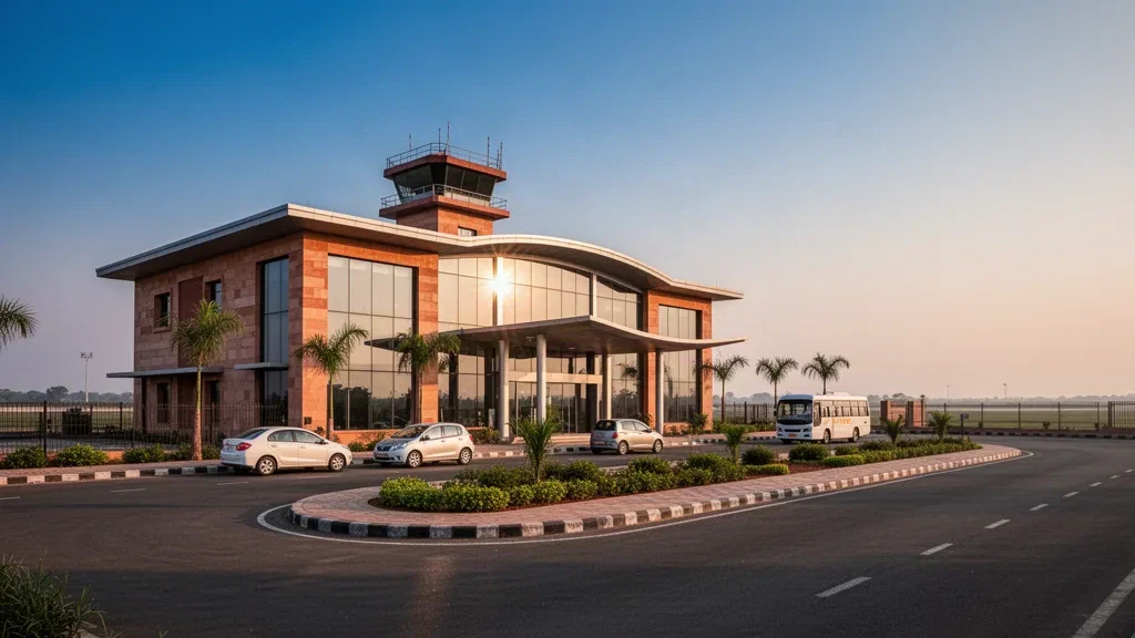 Modern terminal exterior at Satna Airport in Madhya Pradesh with a curved canopy, drop-off lane and warm golden-hour light