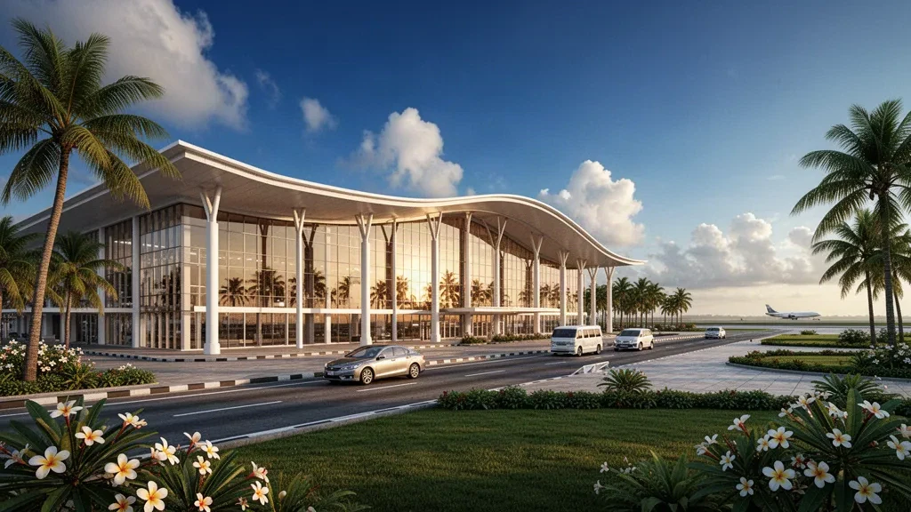 Modern tropical terminal exterior at Raja Haji Fisabilillah International Airport in Tanjungpinang during golden hour