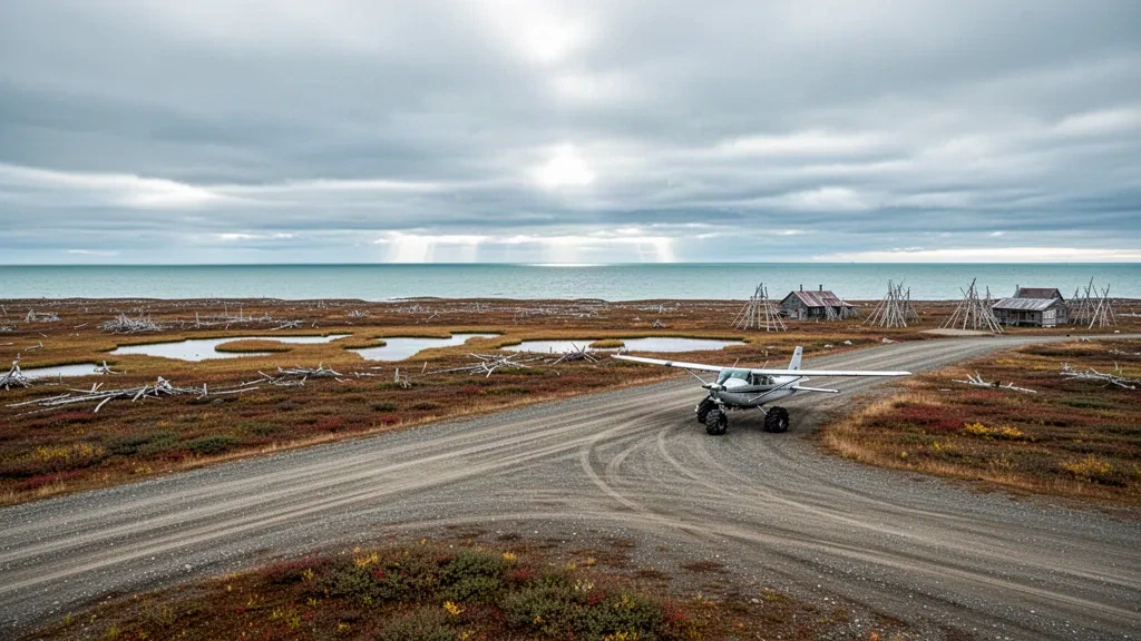 Schotterpiste und kleines Buschflugzeug am abgelegenen Flughafen Tununak an der Küste der Beringsee in Alaska unter einem bedeckten arktischen Himmel