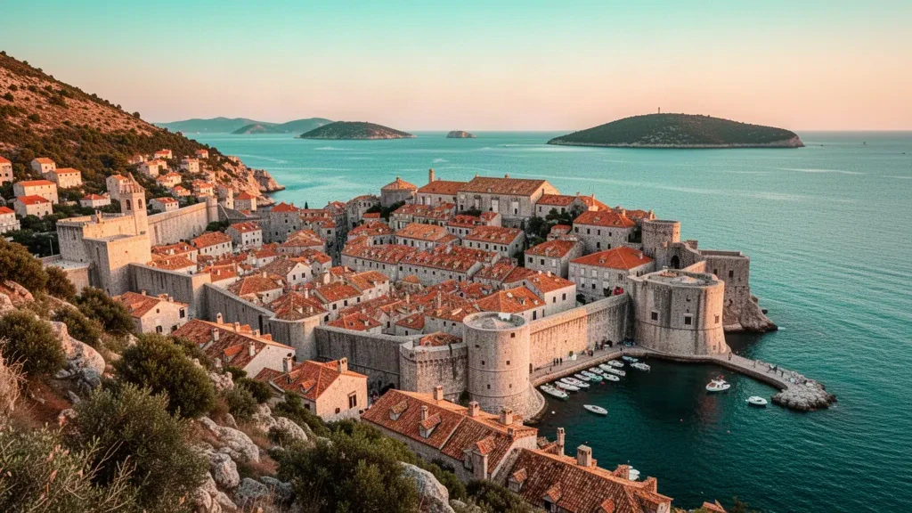 Golden-hour view over Dubrovnik Old Town's terracotta rooftops and medieval stone walls meeting the Adriatic Sea in Croatia