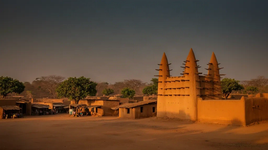 Historische sudanesisch-sahelische Lehmziegelmoschee und Erdstraßen von Bondoukou, Zanzan-Distrikt, Elfenbeinküste zur goldenen Stunde