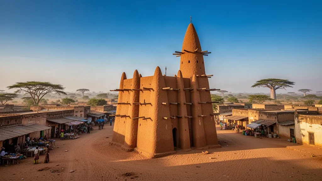 Historische sudanesisch-sahelische Moschee mit Holzbalken in Bondoukou, Zanzan-Distrikt, Elfenbeinküste bei goldenem Nachmittagslicht.
