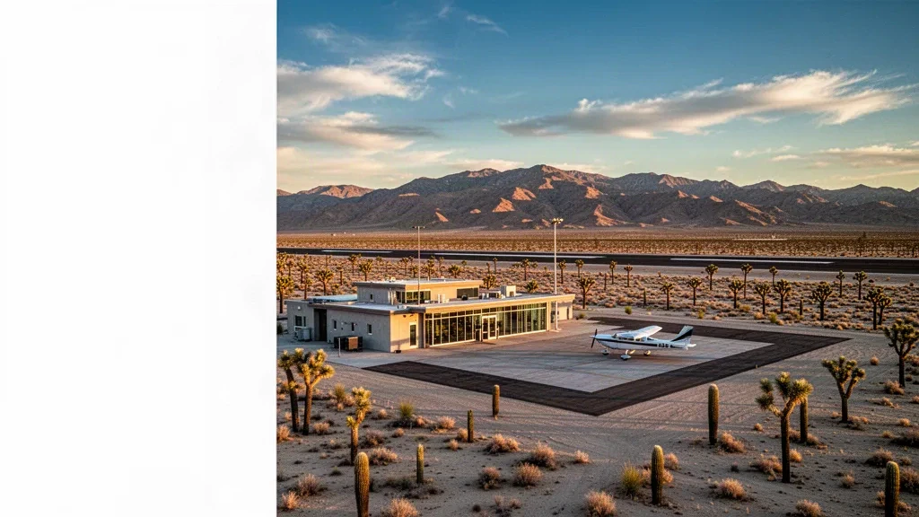 Paesaggio desertico con il terminal e la pista dell'aeroporto di Twentynine Palms, montagne sullo sfondo nella luce dell'ora d'oro.