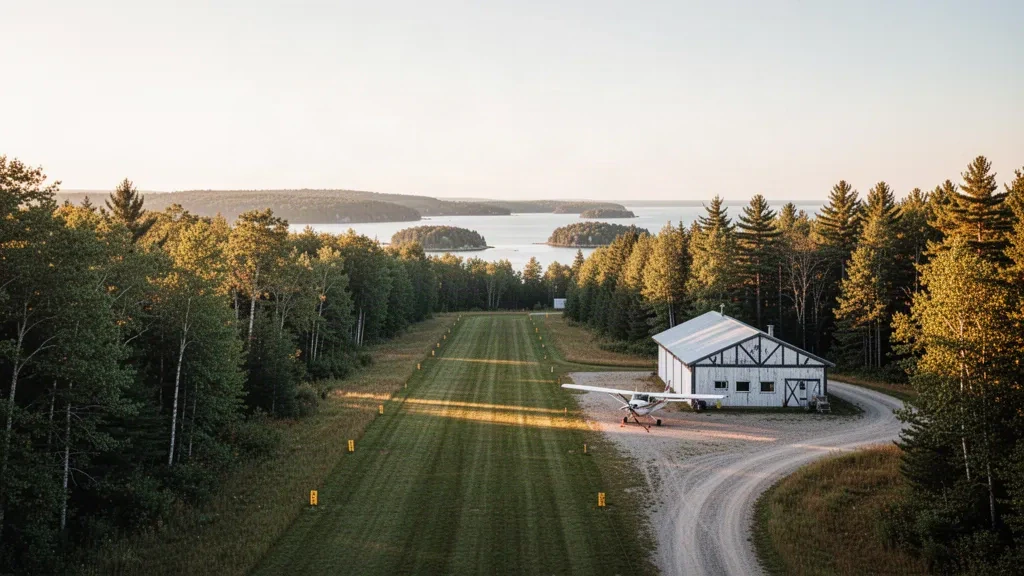 Washington Island, Door County, Wisconsin'de küçük bir ada genel havacılık pisti, altın saatte çim pistin yanında hafif bir uçak