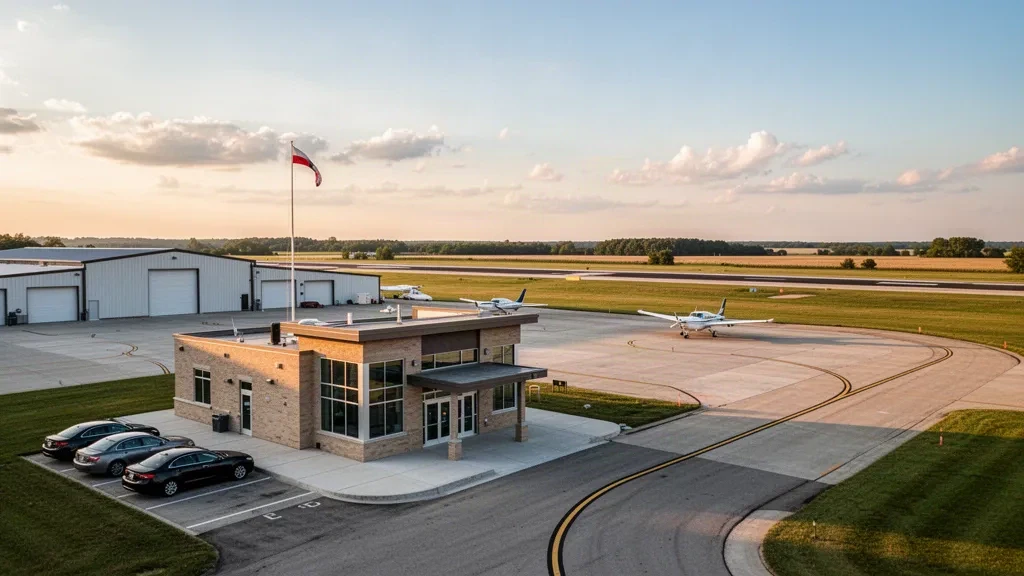 Blick zur goldenen Stunde auf den Newton Municipal Airport in Iowa mit seinem kleinen Backsteinterminal, den Hangars und dem Vorfeld der allgemeinen Luftfahrt