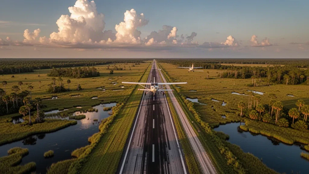 Piste d'entraînement isolée à l'aéroport Dade-Collier Training and Transition s'étendant à travers les zones humides des Everglades de Floride à l'heure dorée