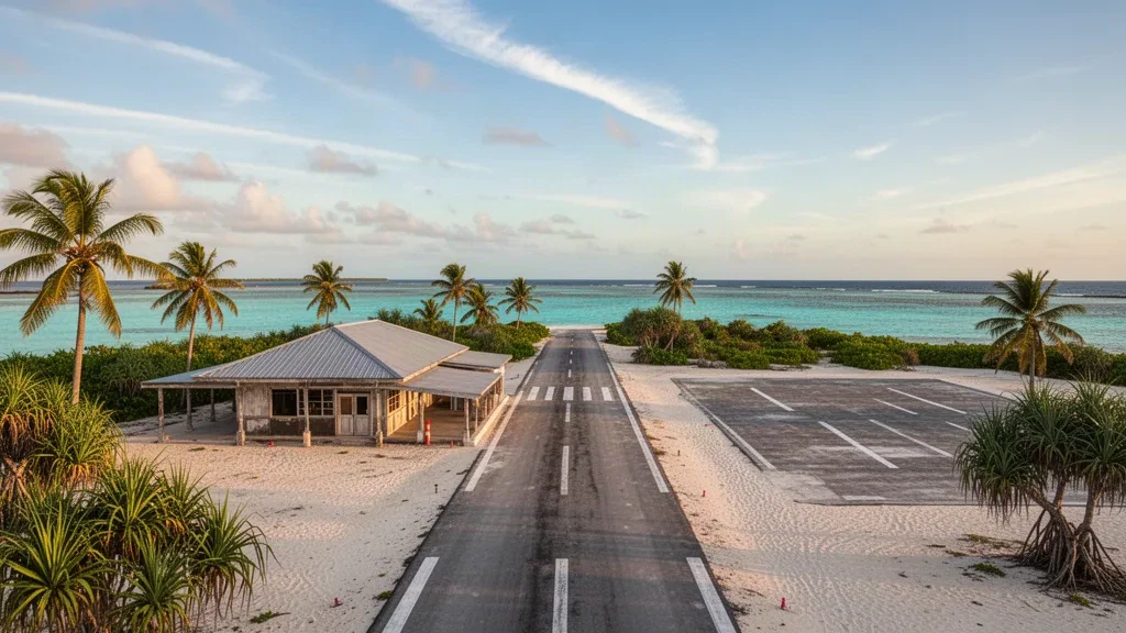 Petit terminal tropical et piste de l'aéroport de l'île de Tabuaeran aux Kiribati, entourés de palmiers et d'un lagon turquoise.