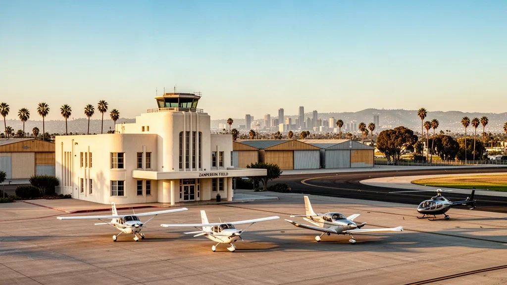 Vista durante la hora dorada de la terminal histórica y aviones ligeros estacionados en la plataforma de Zamperini Field en Torrance, California