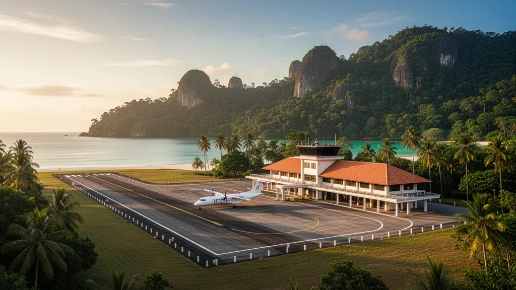 Tropical island runway and small terminal at Tioman Airport in Malaysia, framed by rainforest hills and turquoise sea