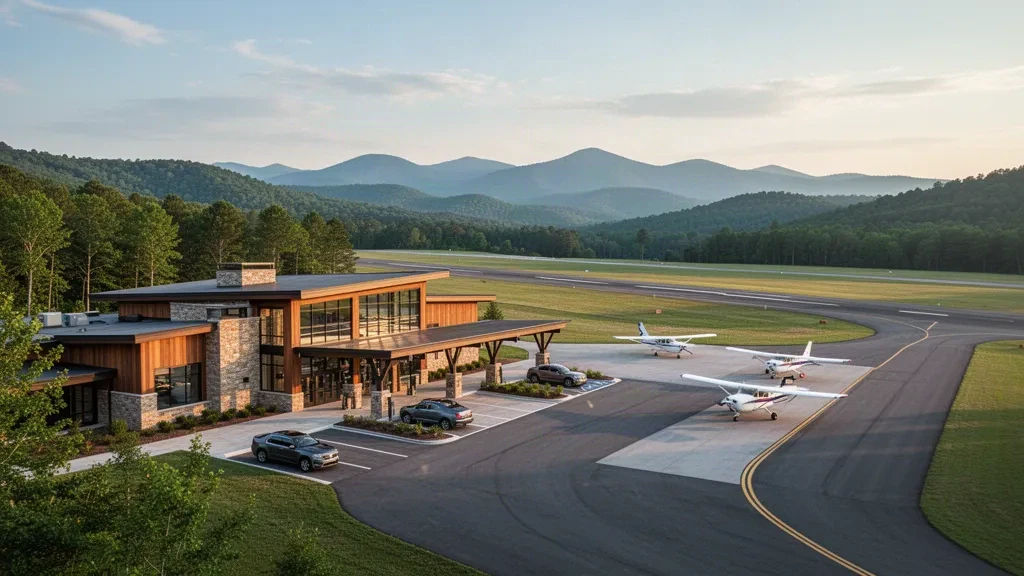 Veduta ampia del terminal e della pista dell'Aeroporto di Toccoa R.G. Letourneau Field in Georgia durante l'ora d'oro