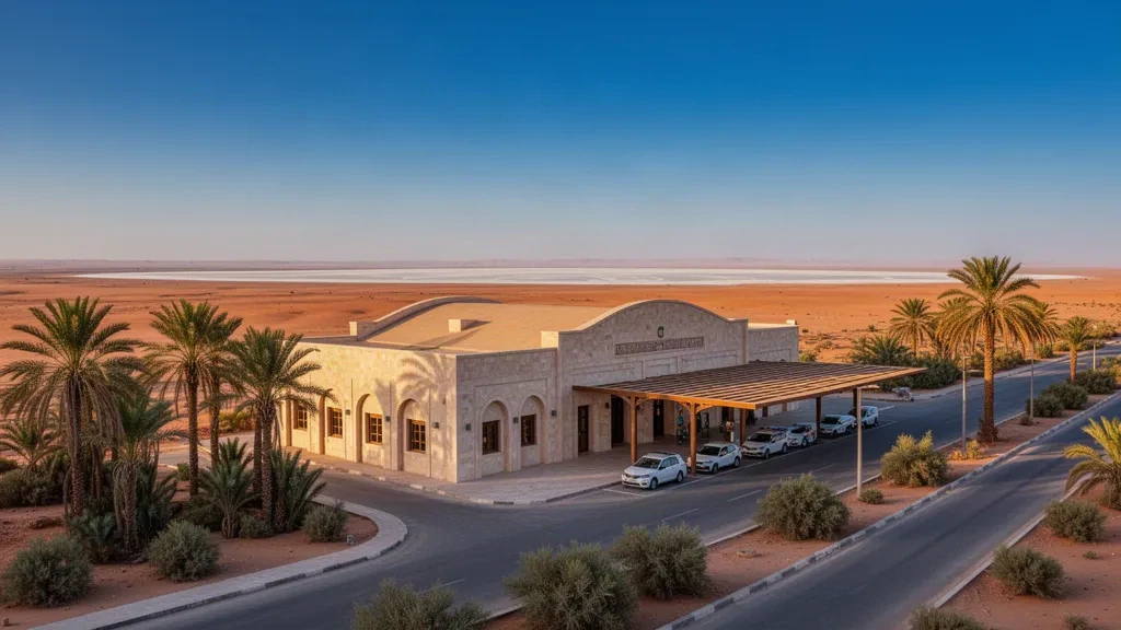 Terminal désertique de faible hauteur à l'aéroport international de Tozeur-Nefta en Tunisie, encadré de palmiers et de sable saharien sous une lumière d'heure dorée.