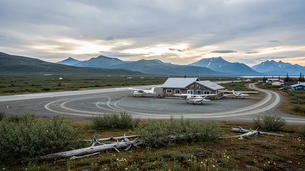 Piste en gravier et petit terminal à l'aéroport isolé de Togiak en Alaska, avec des avions de brousse stationnés sur le tarmac sous un vaste ciel couvert