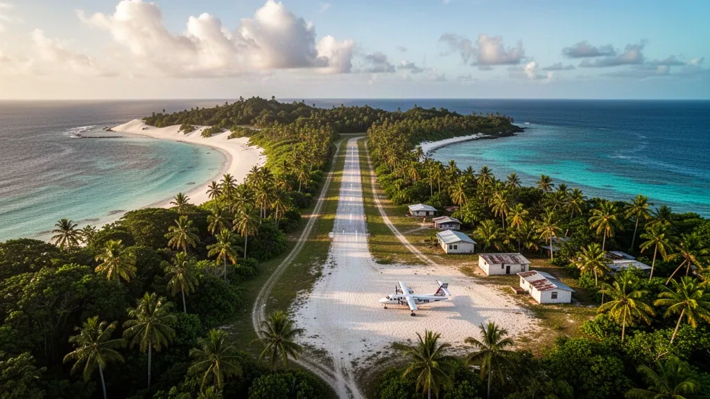 Piste d'atterrissage tropicale isolée sur l'île de Linua dans les îles Torres au Vanuatu, avec une piste en corail bordée de palmiers et un lagon turquoise