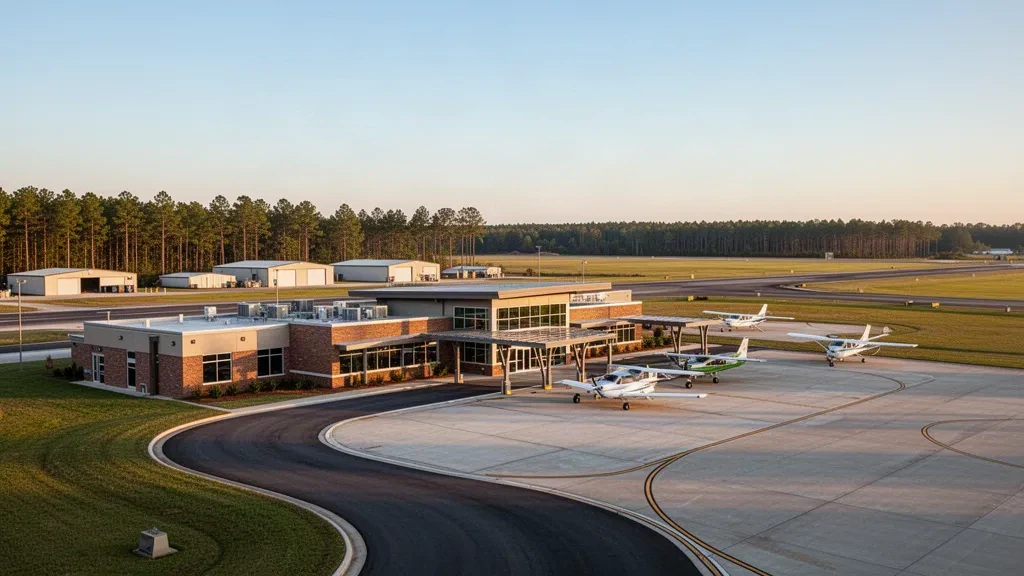Área de terminal y pista en el Aeropuerto Municipal de Troy en Alabama durante una cálida luz dorada.