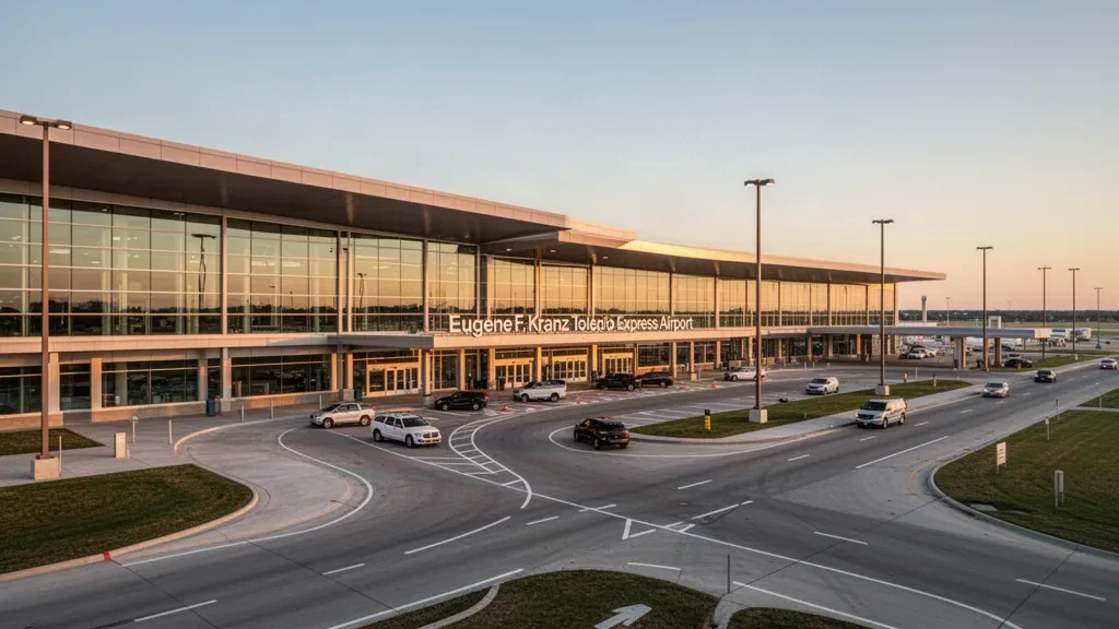 Modern terminal exterior of Eugene F. Kranz Toledo Express Airport at golden hour, with drop-off lanes and glass architecture.