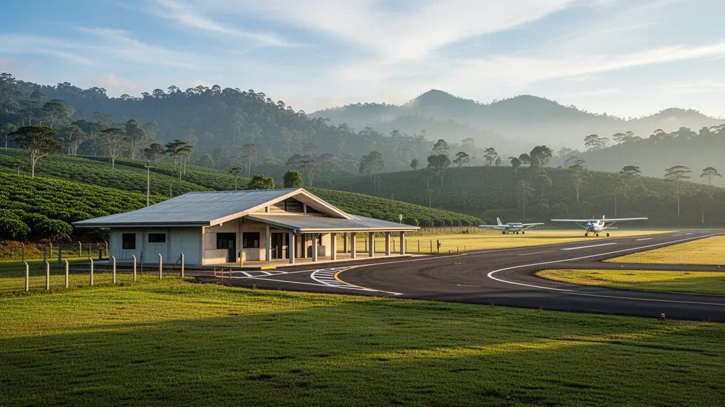 Kleines tropisches Terminal und Landebahn am Flughafen San Vito de Java in Costa Rica, umrahmt von grünen Kaffeehügeln bei Sonnenaufgang