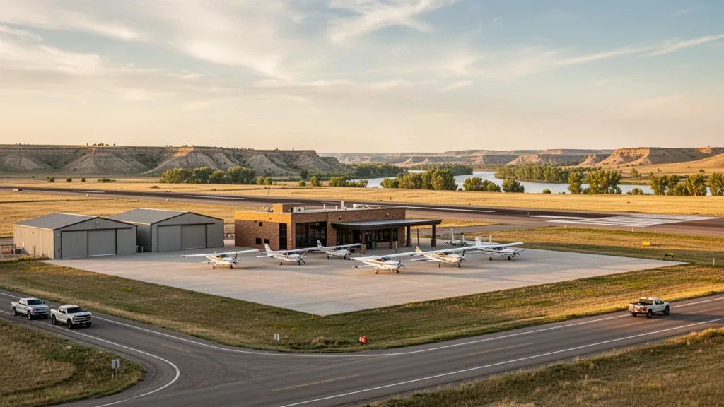 L'Aeroporto Municipale di Torrington in Wyoming all'ora d'oro, con il suo piccolo terminal, gli hangar e velivoli leggeri parcheggiati sulla piazzola.