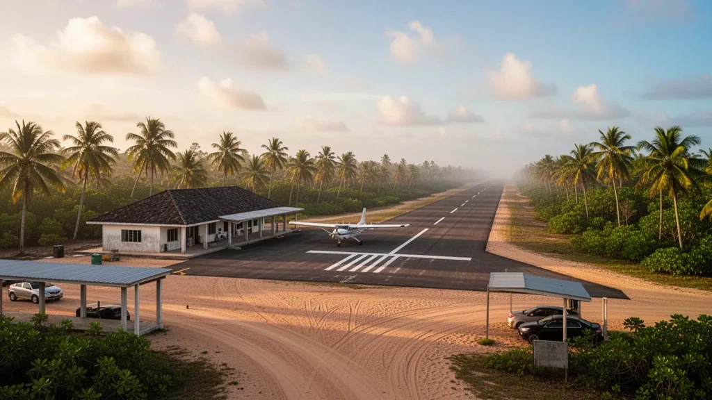 Pequeña pista de aterrizaje costera tropical en Totness, Coronie, Surinam, con pista flanqueada por palmeras, edificio terminal bajo y una avioneta estacionada a la hora dorada.
