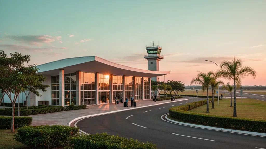 Modern glass terminal and curved canopy at Luiz Dalcanale Filho Municipal Airport in Toledo, Paraná at golden hour