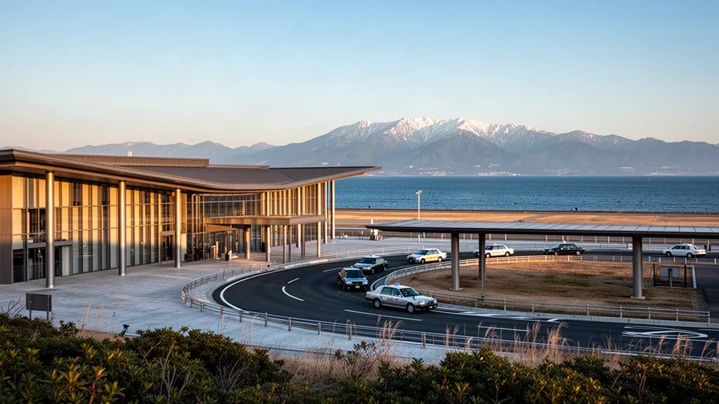 Altın saatlerde Tateyama dağları ve Japonya Denizi manzaralı Toyama Kitokito Havalimanı'nın modern cam terminal dış cephesi