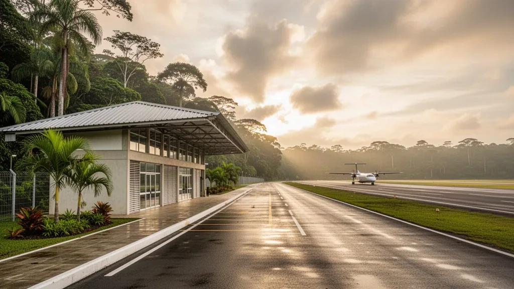Low-rise regional terminal and wet runway at Tarapoa Airport in the Ecuadorian Amazon, framed by rainforest at golden hour