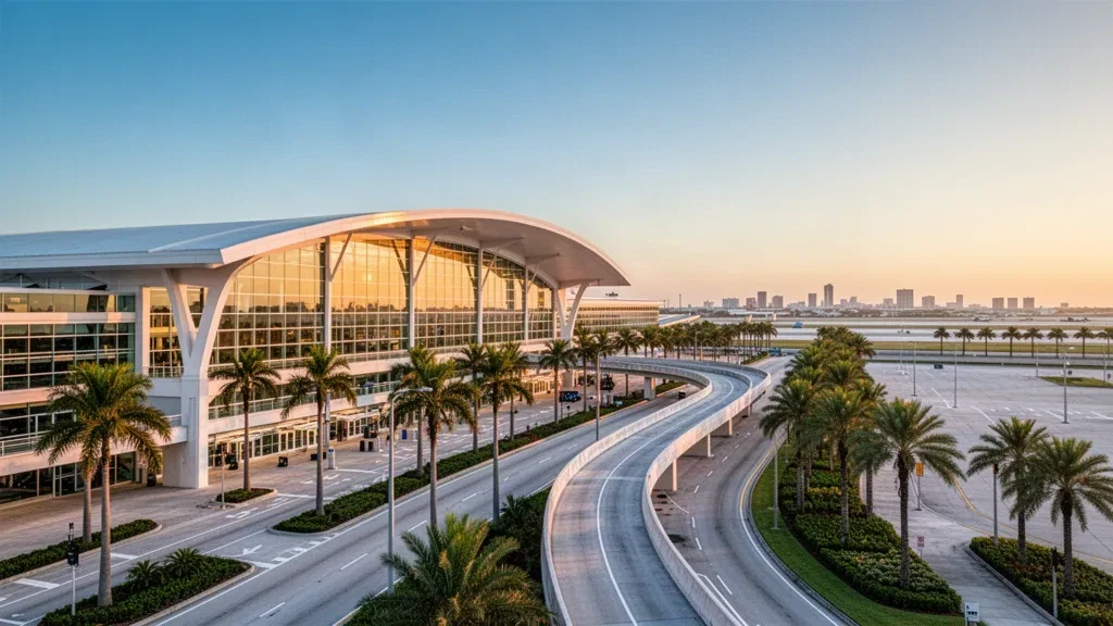 Sunlit modern terminal and curved white rooflines at Tampa International Airport with palm-lined curbside lanes and Florida sky