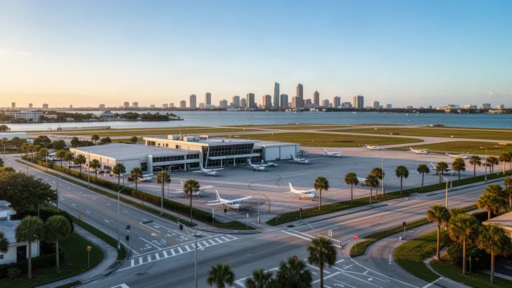 Peter O. Knight Airport on Davis Islands in Tampa, Florida, with runway, terminal and downtown skyline at golden hour.