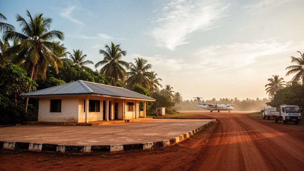 Veduta al tramonto di un piccolo terminal aeroportuale regionale vicino a Touba, in Costa d'Avorio, con palme, pista aperta e un aereo turboelica in lontananza.