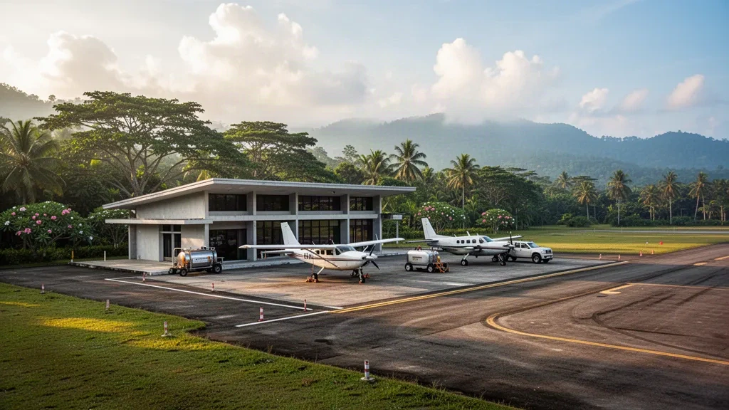 Terminal d'un seul niveau et avions légers stationnés à l'aéroport de Taiping Tekah dans le Perak, en Malaisie, entourés d'arbres tropicaux et de collines brumeuses