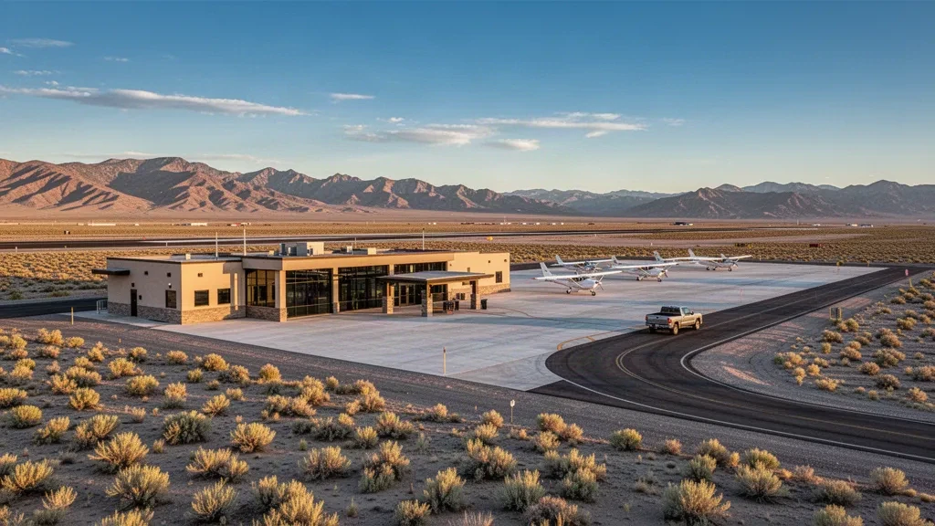 Pequeña terminal de aviación general en el desierto, plataforma y pista en el Aeropuerto de Tonopah, Nevada, con aeronaves ligeras y vistas a las montañas