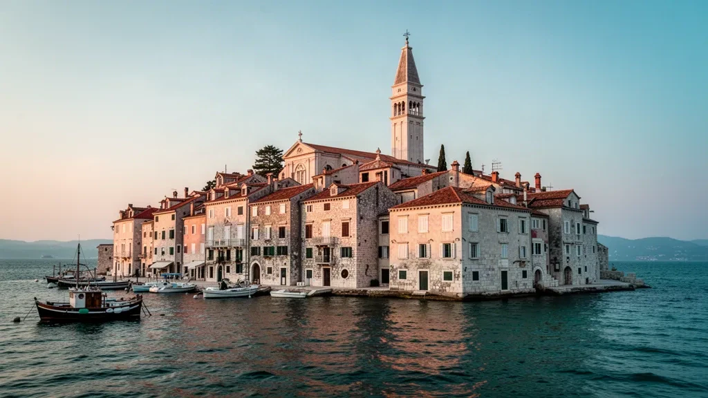 Rovinj old town and St Euphemia's bell tower rising above the Adriatic Sea on Croatia's Istrian coast at golden hour