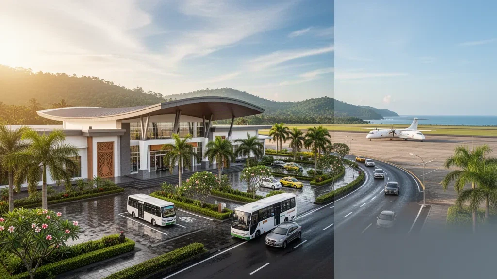 Terminal moderne et route d'accès à l'aéroport Teuku Cut Ali à Tapaktuan, Aceh, Indonésie
