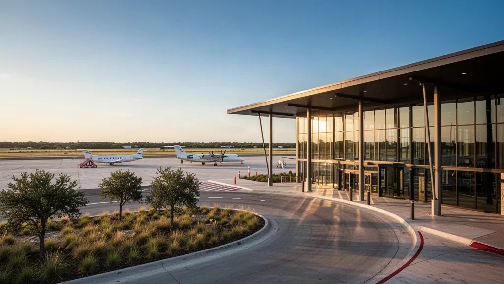 Vista durante la hora dorada de la terminal, la plataforma y la vía de acceso del Aeropuerto Regional Draughon-Miller Central Texas en Temple
