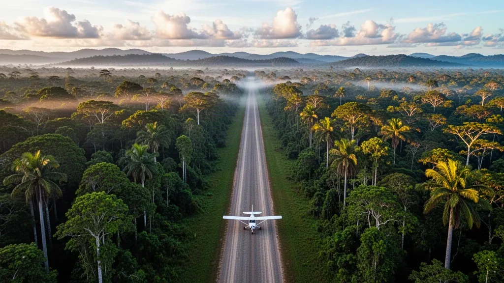 Piste d'atterrissage isolée en pleine forêt amazonienne à l'aéroport de Tiputini en Équateur, tracée à travers la canopée dense près du parc national Yasuní au lever du soleil