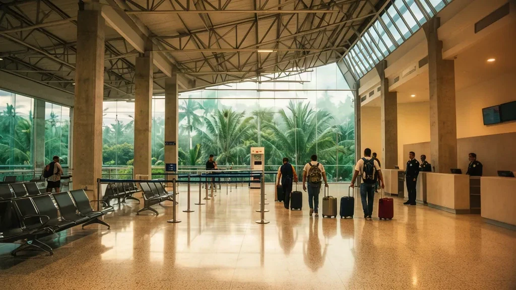 Innenansicht des Flughafens Cadete FAP Guillermo del Castillo Paredes in Tarapoto, Peru, mit der Check-in-Halle, Sitzgelegenheiten und tropischem Tageslicht durch das Terminalgebäude