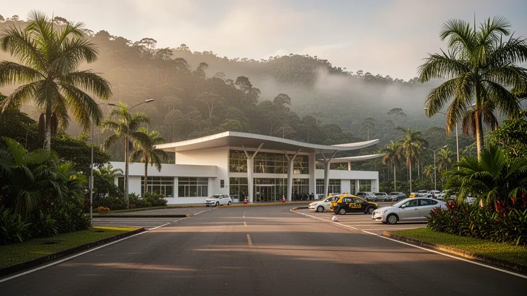 Tarapoto yakınlarındaki Peru Amazonu'nda, tropikal yeşillikler ve ormanlık tepelerle çevrili modern havalimanı terminalinin dış cephesi, altın saatte