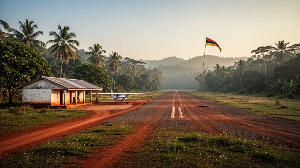 Ländliche Landebahn und Laterit-Rollbahn am Tapeta Airport in Liberia, umrahmt von tropischem Regenwald in warmem goldenem Licht