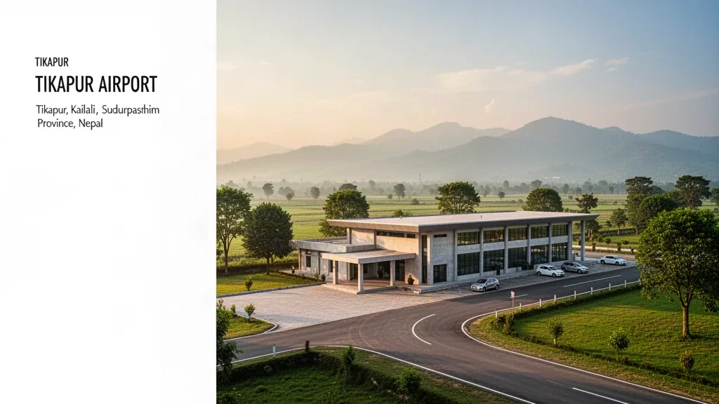 Nepal'in Kailali bölgesindeki Tikapur Havaalanı'nda altın saatlerde yeşil Terai manzarasıyla çevrili modern terminal ve bırakma alanı.