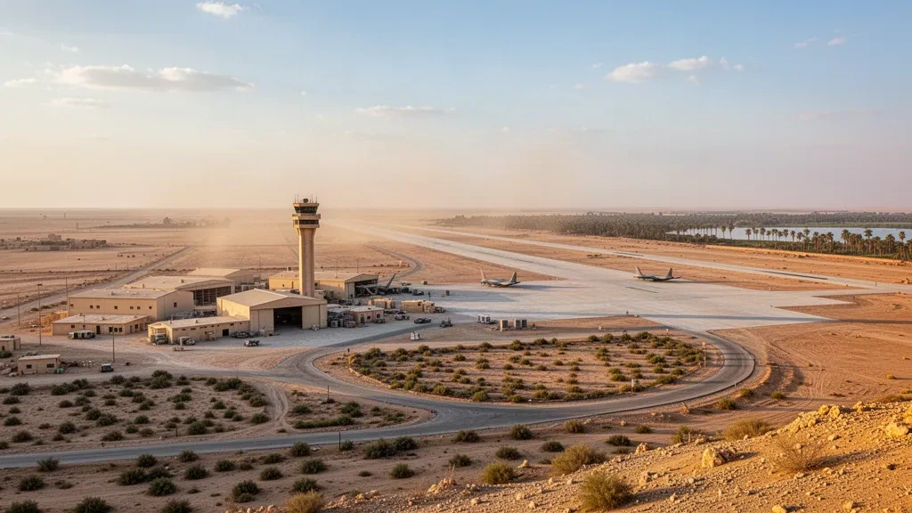 Desert airfield in Anbar Province, Iraq at golden hour with a long runway, hangars and a control tower under a wide sky