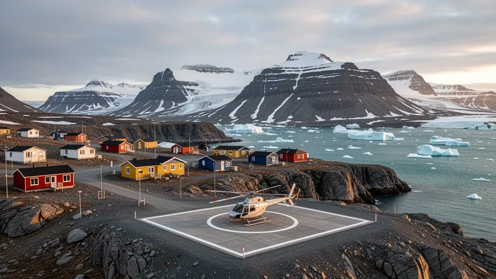Tiniteqilaaq Heliportu'nun iniş pisti, renkli Grönland evlerinin, kayalık uçurumların, buzdağlarının ve bir Arktik fiyortunun yanında