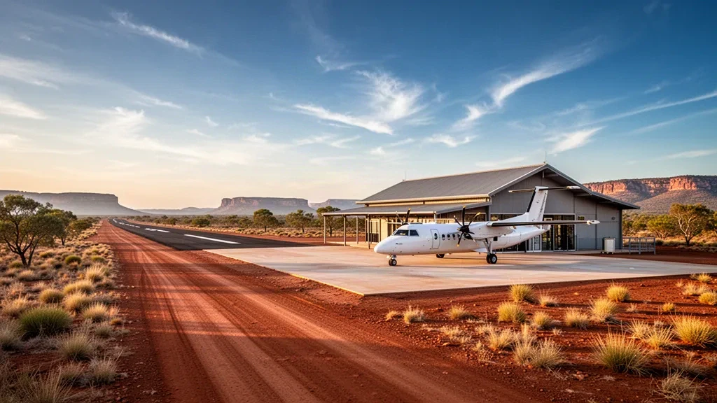 Terminal de aeropuerto remoto en el outback, plataforma y pista en Trepell, en el noroeste de Queensland, bajo un amplio cielo dorado al atardecer