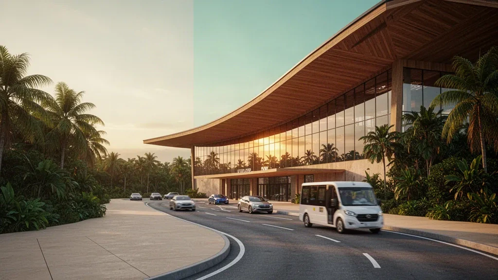 Terminal moderne en verre de l'aéroport international Felipe Carrillo Puerto près de Tulum, entouré de jungle à l'heure dorée
